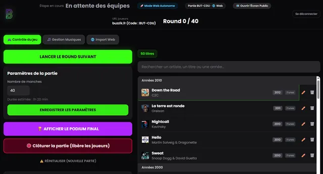 Console de l’animateur de Buzzik, sur interface sombre à accents verts.