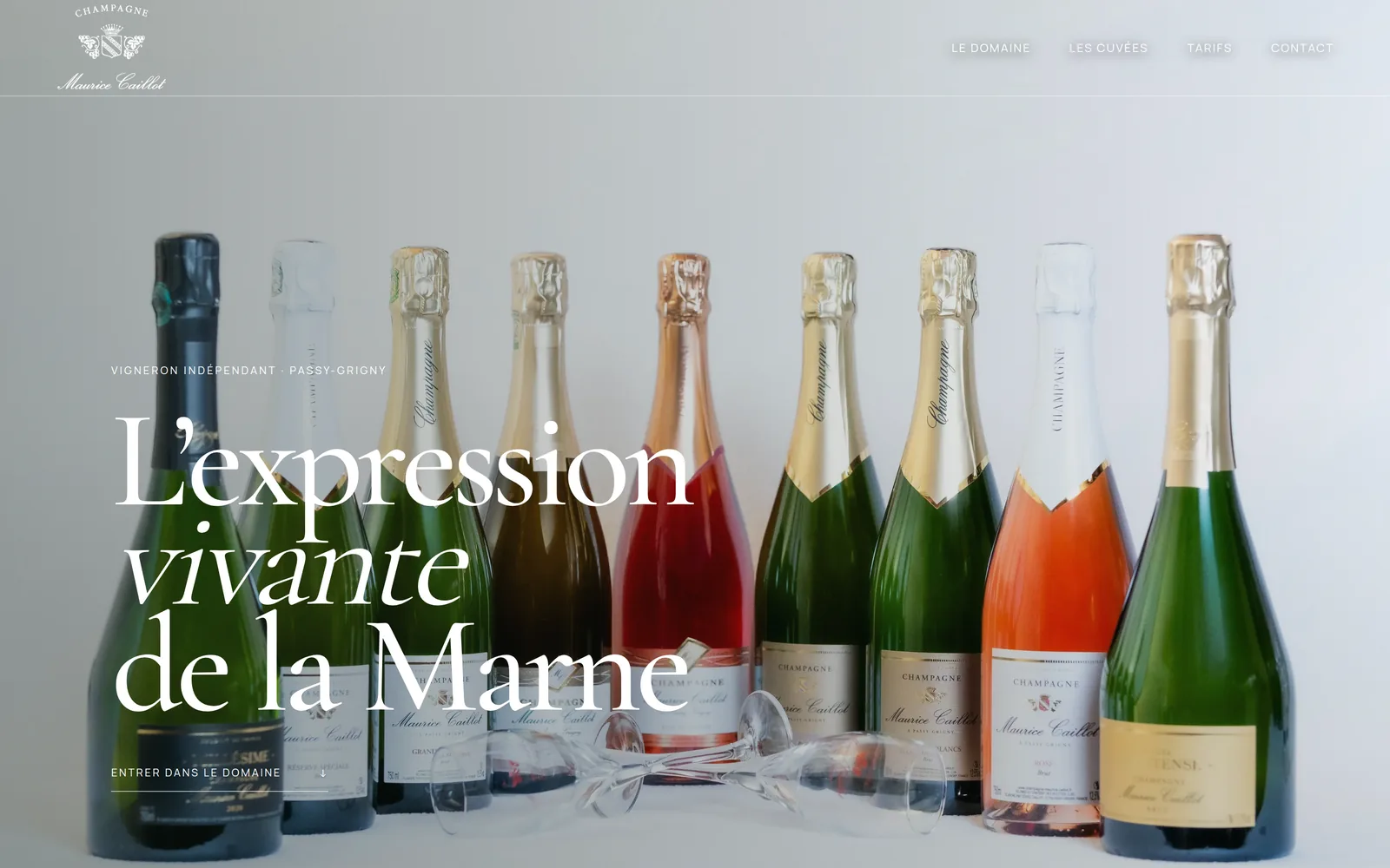 Page d’accueil du site : une photographie de la gamme de bouteilles en pleine largeur, surmontée du titre « L’expression vivante de la Marne ».