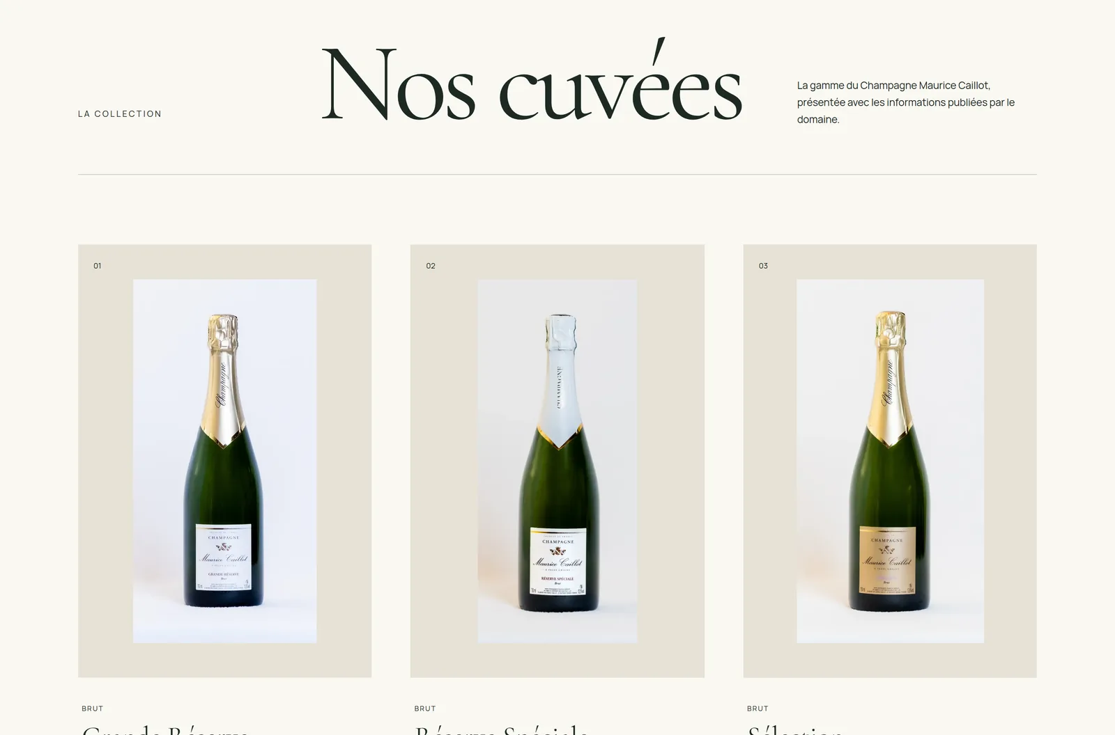 Page « Nos cuvées » : chaque bouteille sur fond beige, numérotée, avec son nom, son assemblage et un lien vers sa fiche.