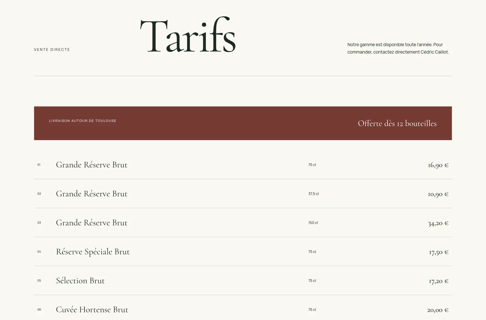 Page des tarifs : un tableau des cuvées avec leur contenance et leur prix, précédé d’un bandeau sur la livraison.