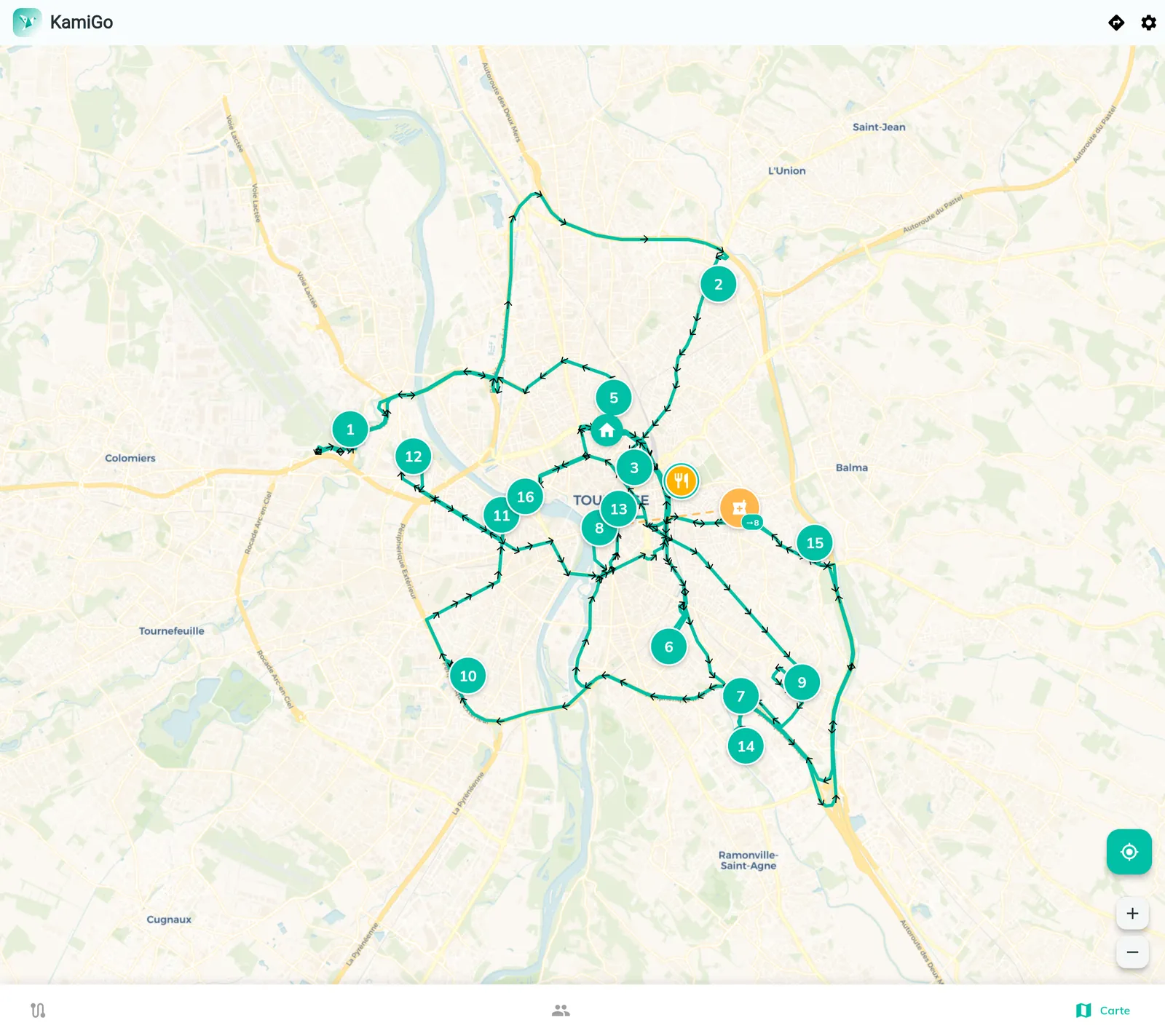 Carte d’une tournée optimisée : seize points de passage numérotés reliés par un trajet continu sur l’agglomération toulousaine.