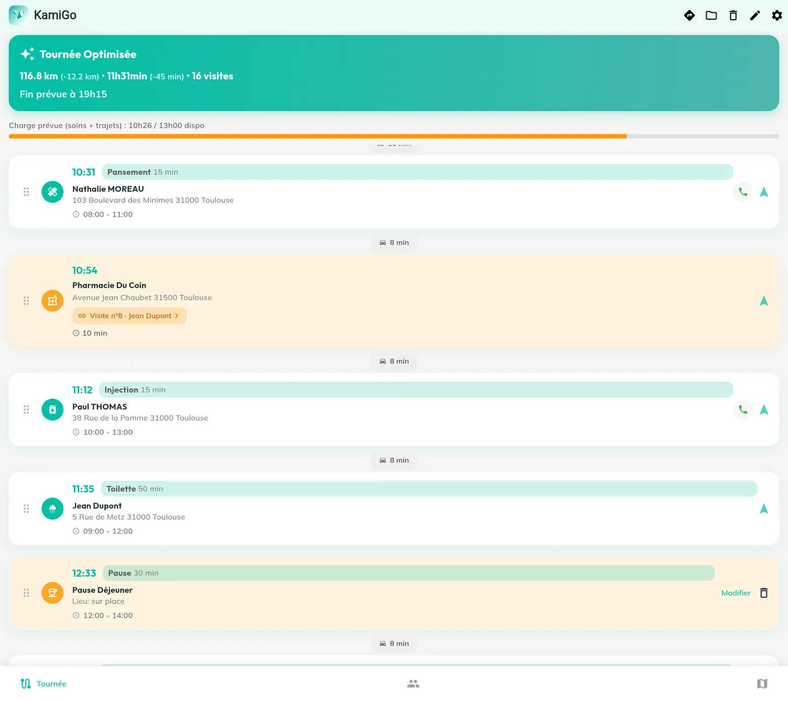 Écran d’optimisation d’une tournée dans Kamigo.