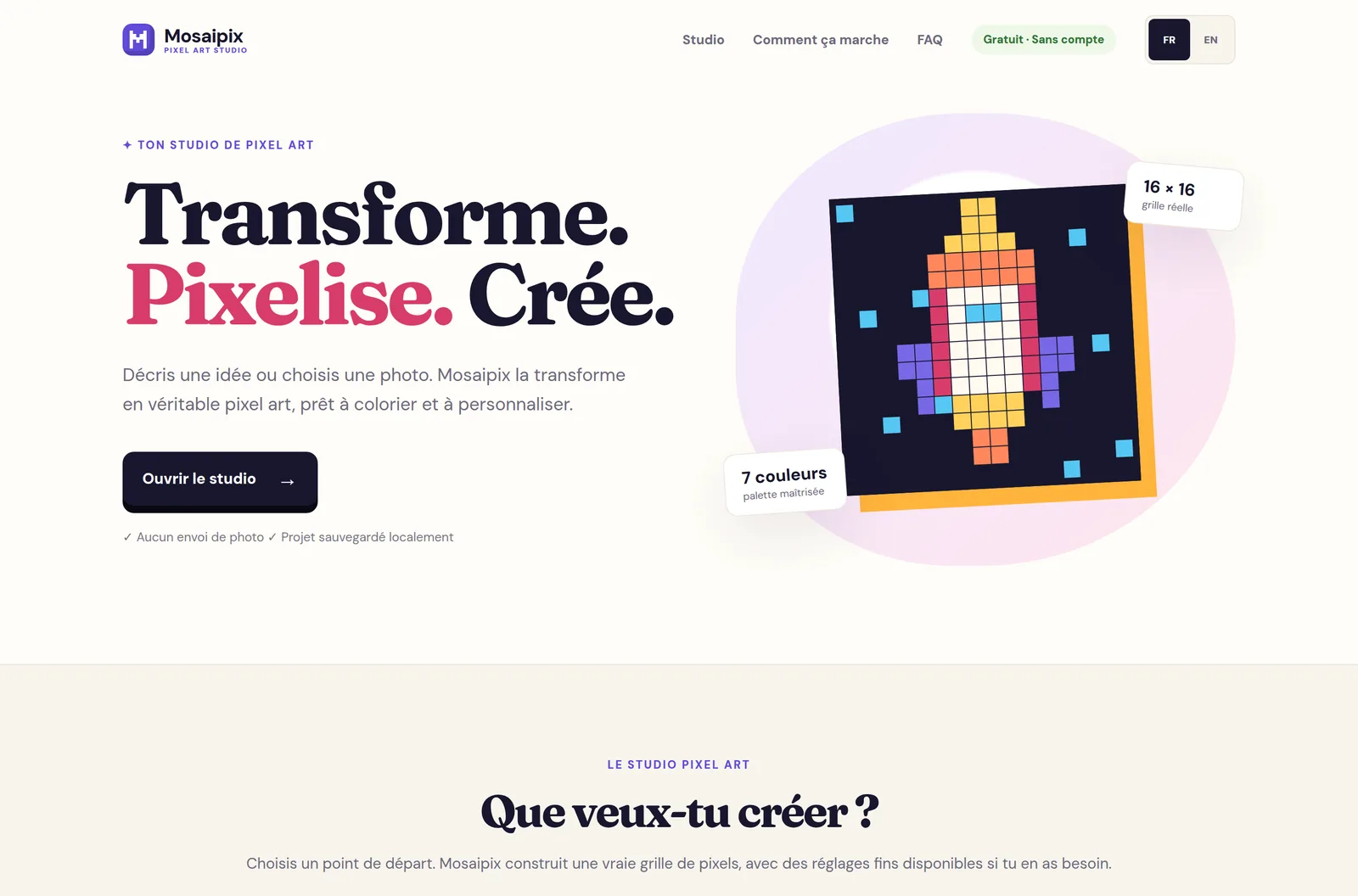 Page d’accueil de Mosaipix : le titre « Transforme. Pixelise. Crée. » à gauche, une fusée en pixel art sur une grille 16 × 16 à droite.