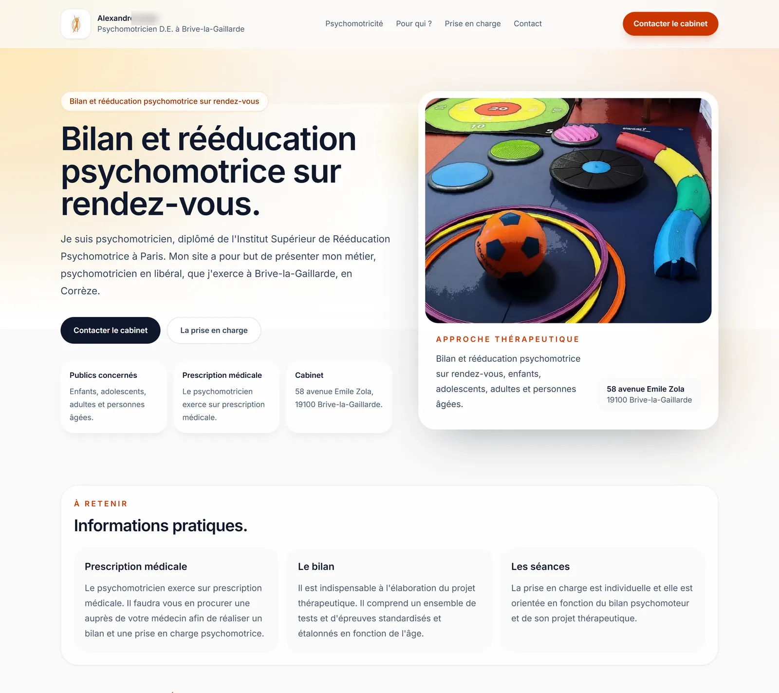 Page d’accueil du site d’un psychomotricien à Brive-la-Gaillarde.