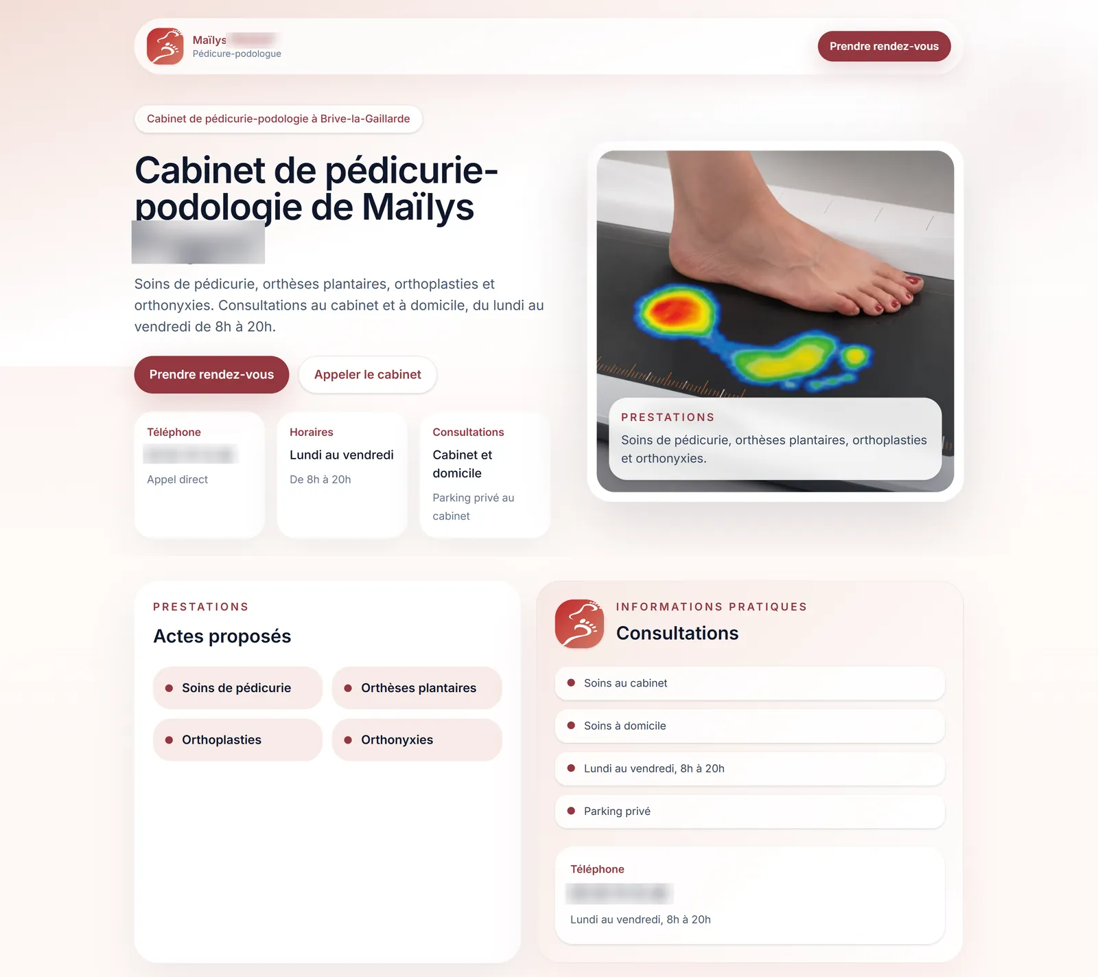 Page d’accueil du site d’une pédicure-podologue à Brive-la-Gaillarde.