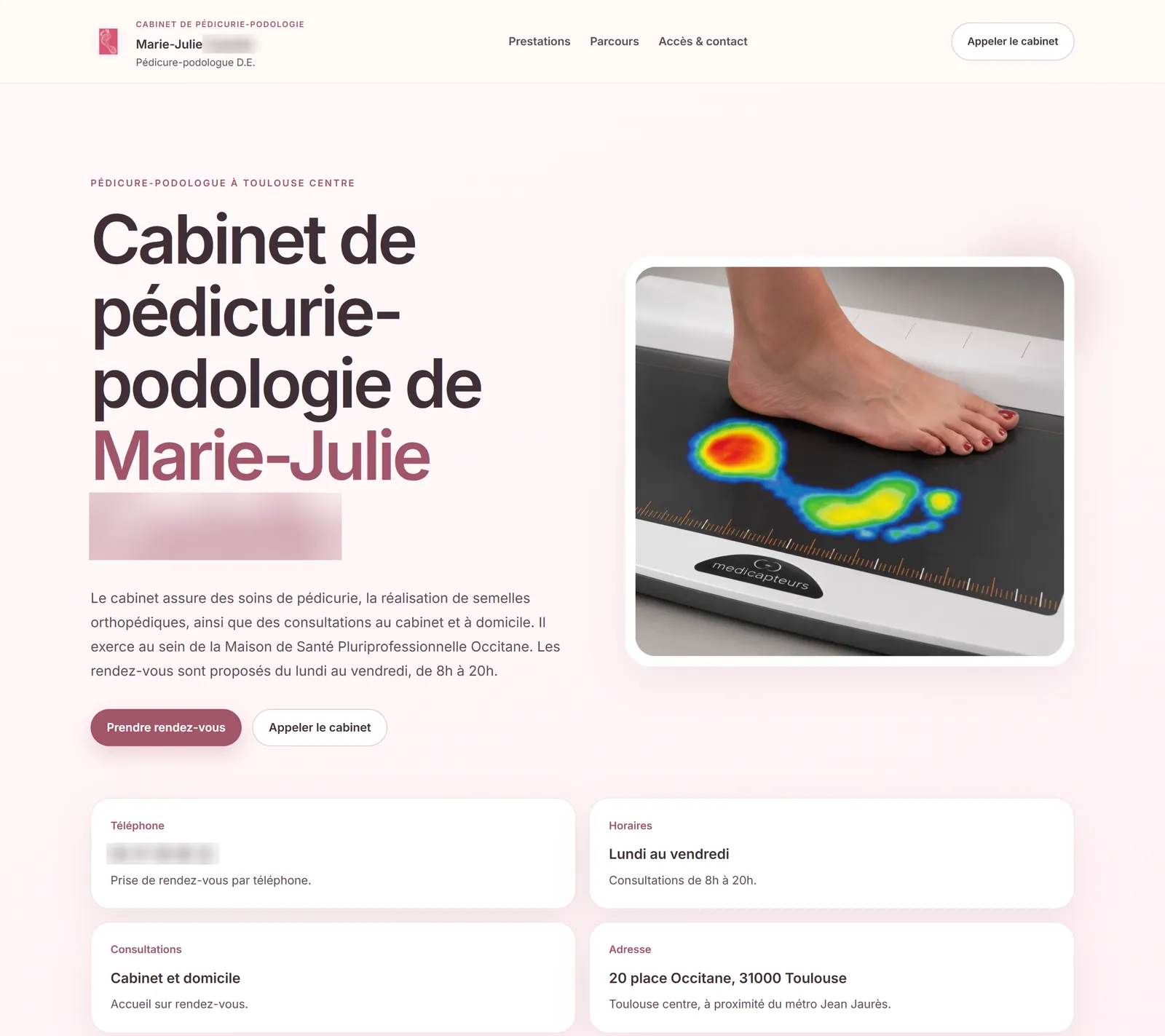 Page d’accueil du site d’une pédicure-podologue à Toulouse.